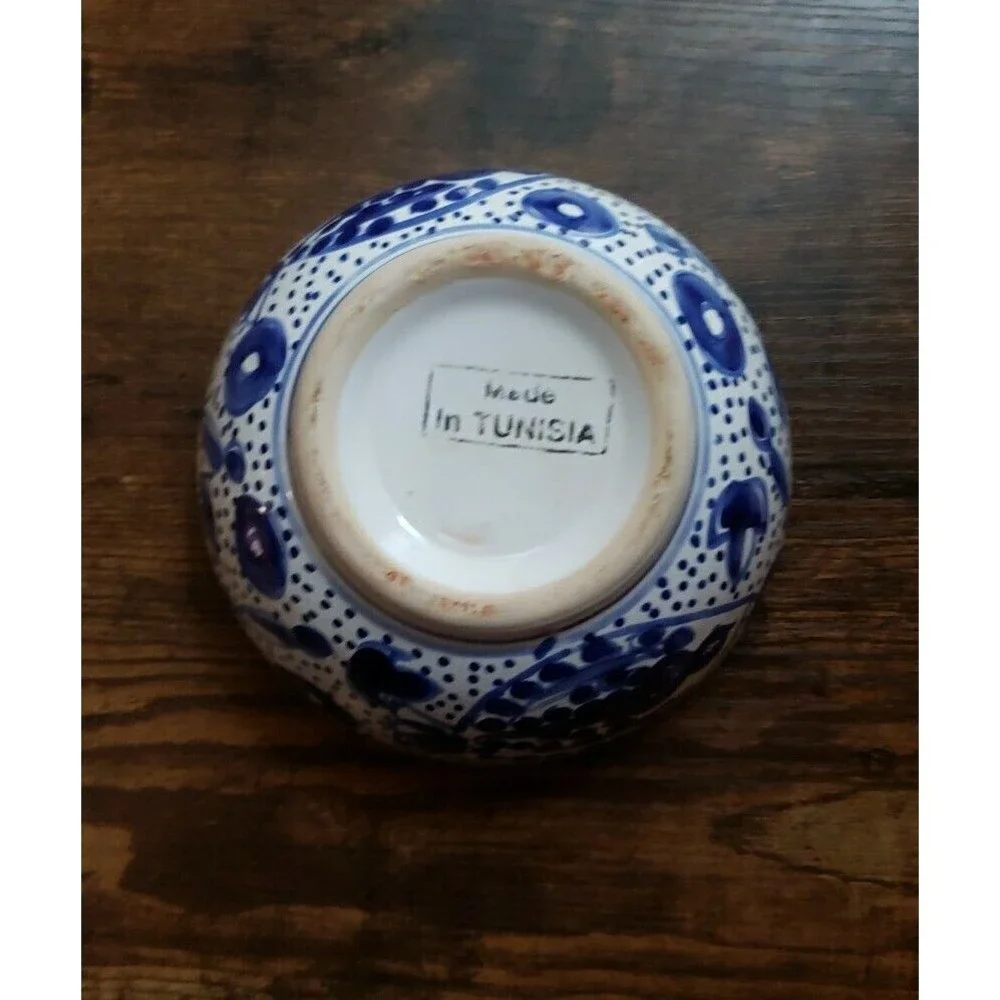 Blue White Bowl Painted Fish Made in Tunisia Mediterranean Soup Rice Cereal